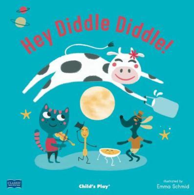 Softcover 'Hey Diddle Diddle' book with vibrant illustrations, die-cut pages, and classic nursery rhymes for children.