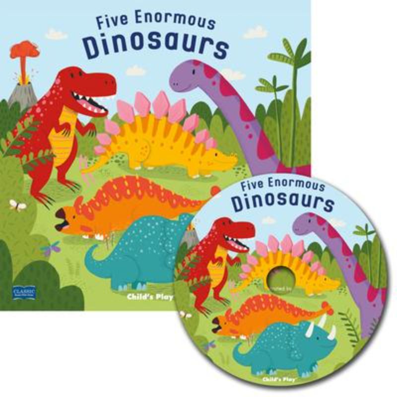 A colorful children's book titled 'Five Enormous Dinosaurs' with playful illustrations and an included CD for interactive reading.