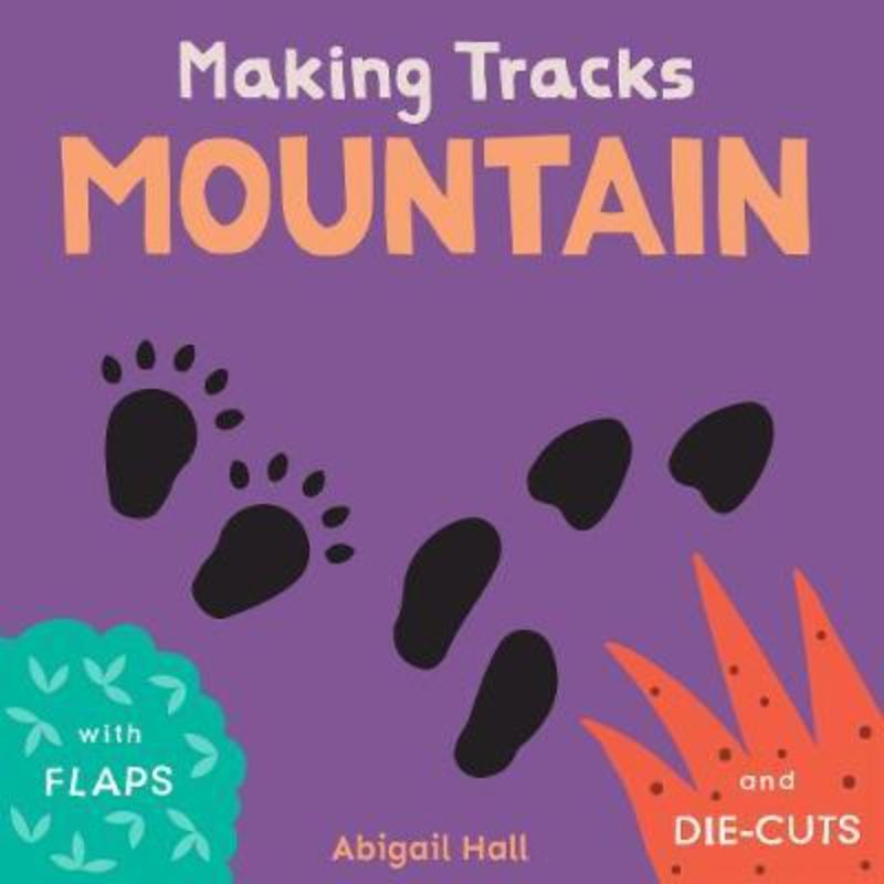 Interactive hardback book for toddlers featuring die-cut shapes and illustrations of tracks from various animals and vehicles.