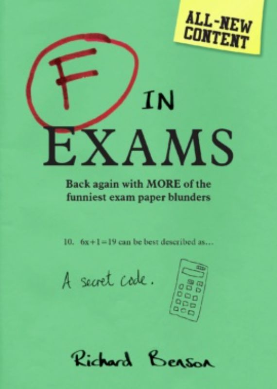 Hilarious paperback 'F in Exams' features comical exam blunders and misspellings by students, perfect for a light-hearted escape.