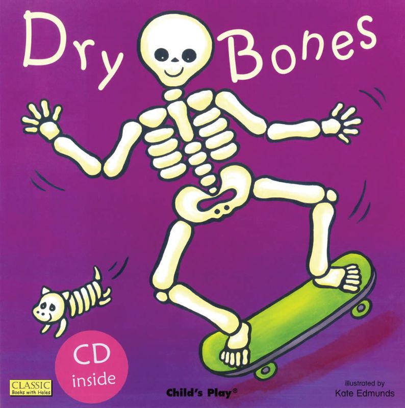 Colorful children's book 'Dry Bones' with die-cut holes, audio CD, and interactive learning about the body and skeleton.