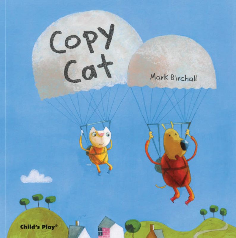 'Copy Cat' children's book cover featuring illustrations of a small Cat and a big Dog symbolizing friendship and play.