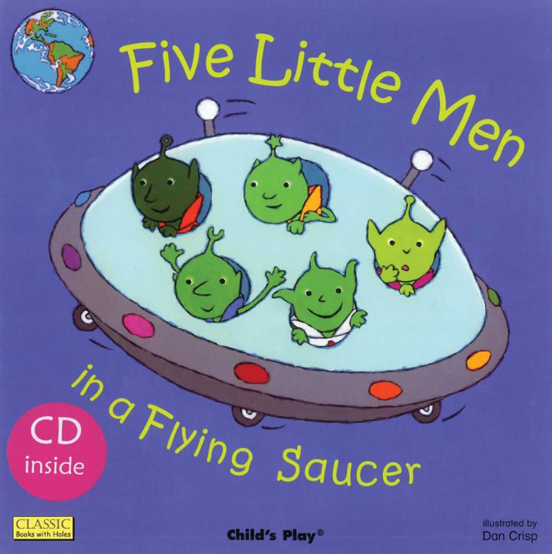 Children's book 'Five Little Men In A Flying Saucer' with colorful illustrations and an audio CD for interactive storytelling.