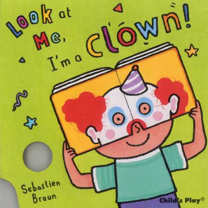 Interactive hardback book 'Look At Me I'm A Clown' with vibrant pages that doubles as a mask for imaginative role play.