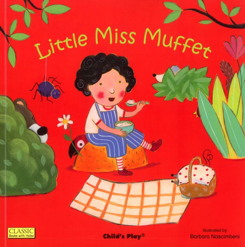 Colorful illustrated book 'Little Miss Muffet' invites children on a whimsical picnic adventure with playful food-loving animals.