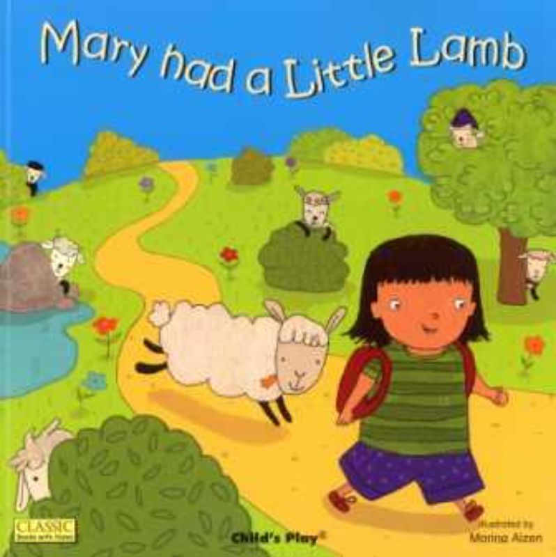 Colorful illustration of Mary and her little lamb exploring adventures through die-cut holes in a children’s book.