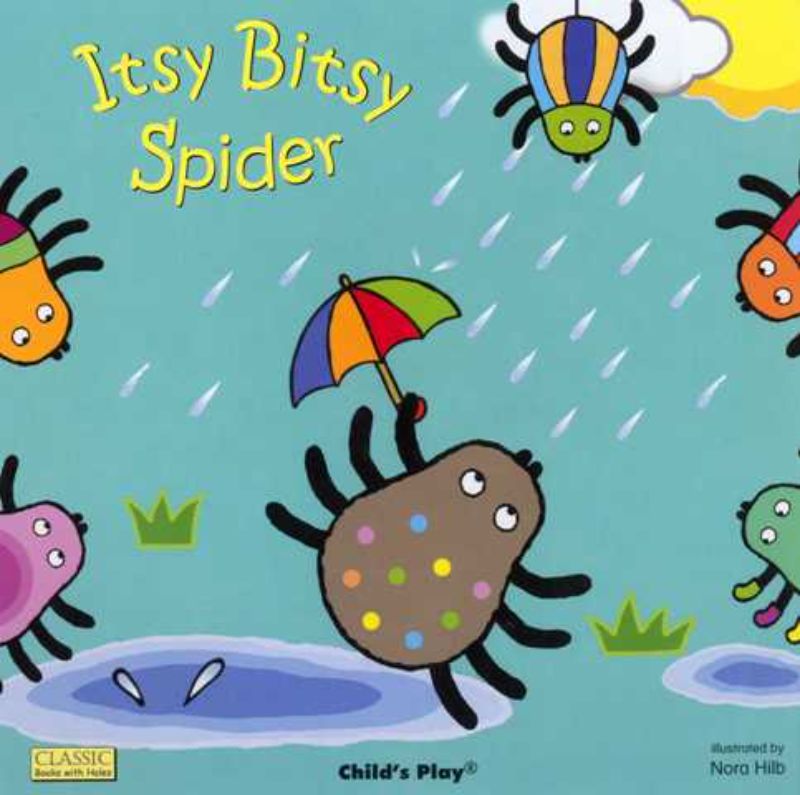 Hardback children's book 'Itsy Bitsy Spider' features colorful illustrations and die-cut holes for interactive storytelling.