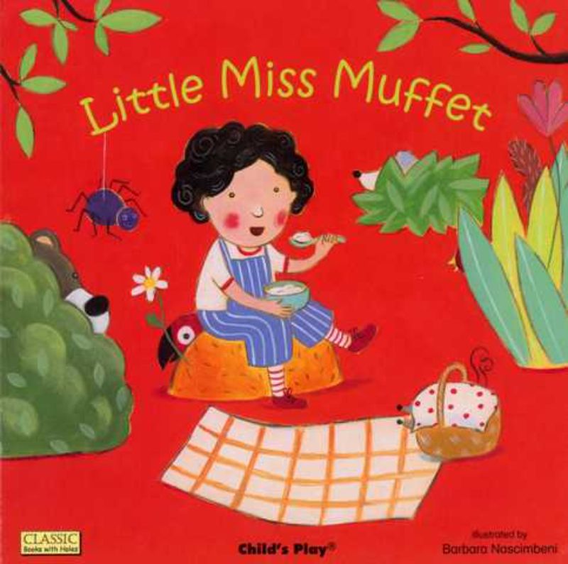 Little Miss Muffet Board Book featuring vibrant illustrations and interactive peek-through holes for toddlers.