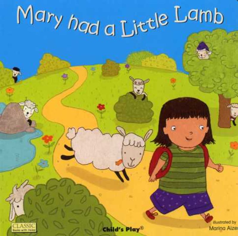 Hardback 'Mary Had a Little Lamb' board book with colorful illustrations and die-cut holes for toddlers and preschoolers.