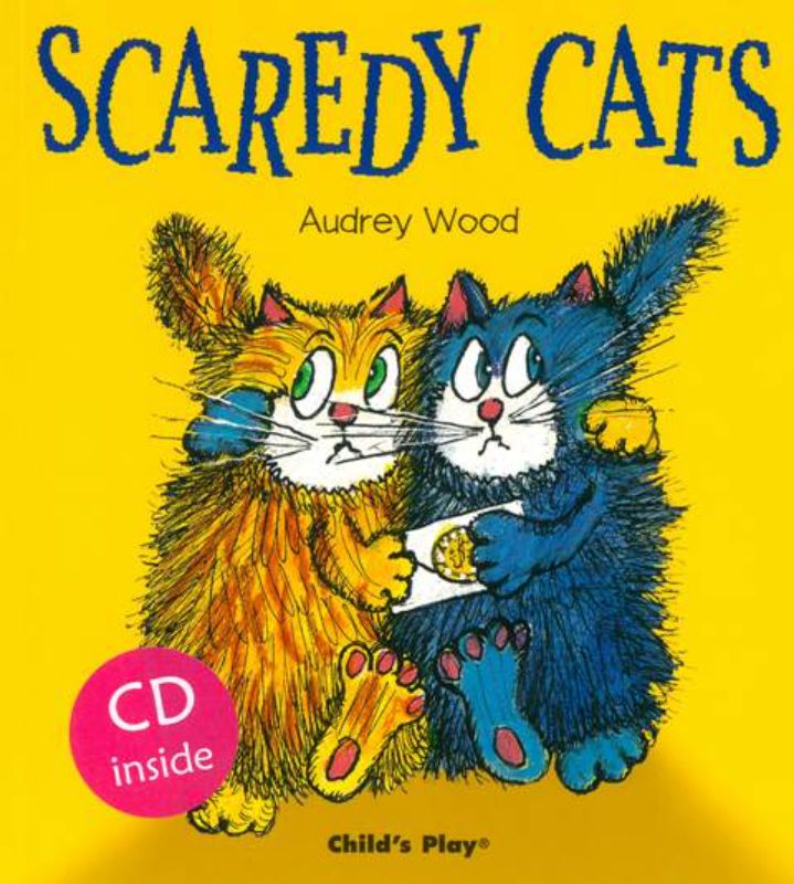 Soft cover children's book 'Scaredy Cats' with CD, featuring Blue Kitten and Yellow Kitten's whimsical adventure overcoming fears.