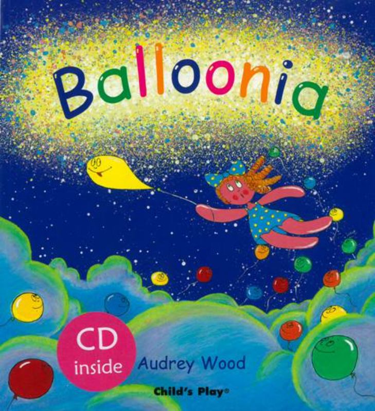 Soft cover children's book 'Balloonia' with CD, featuring whimsical illustrations and a captivating bedtime story.