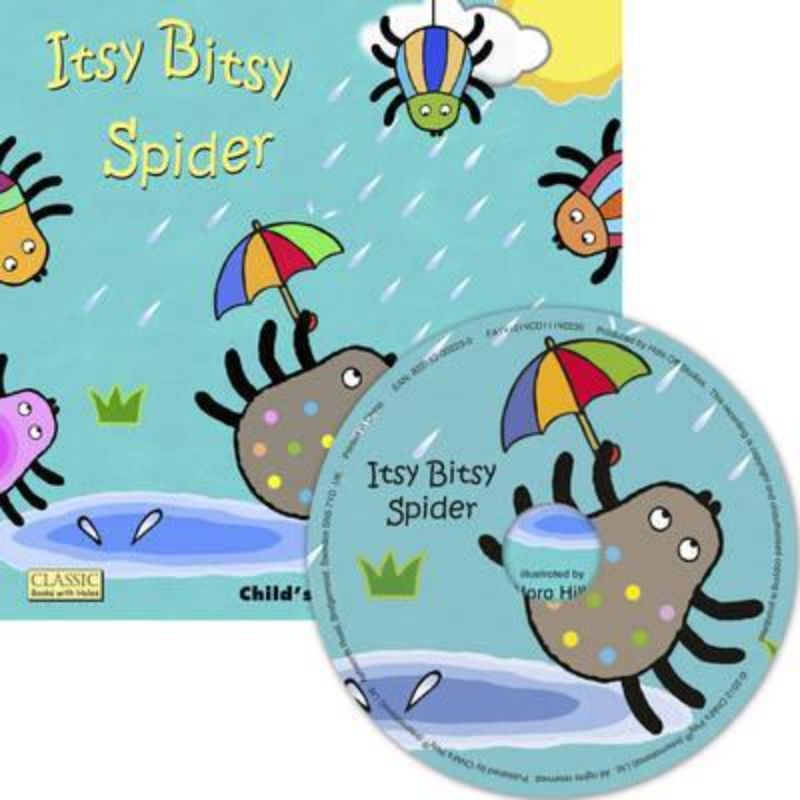 Whimsical soft cover 'Itsy Bitsy Spider' book with engaging illustrations and a companion audio CD for young readers.