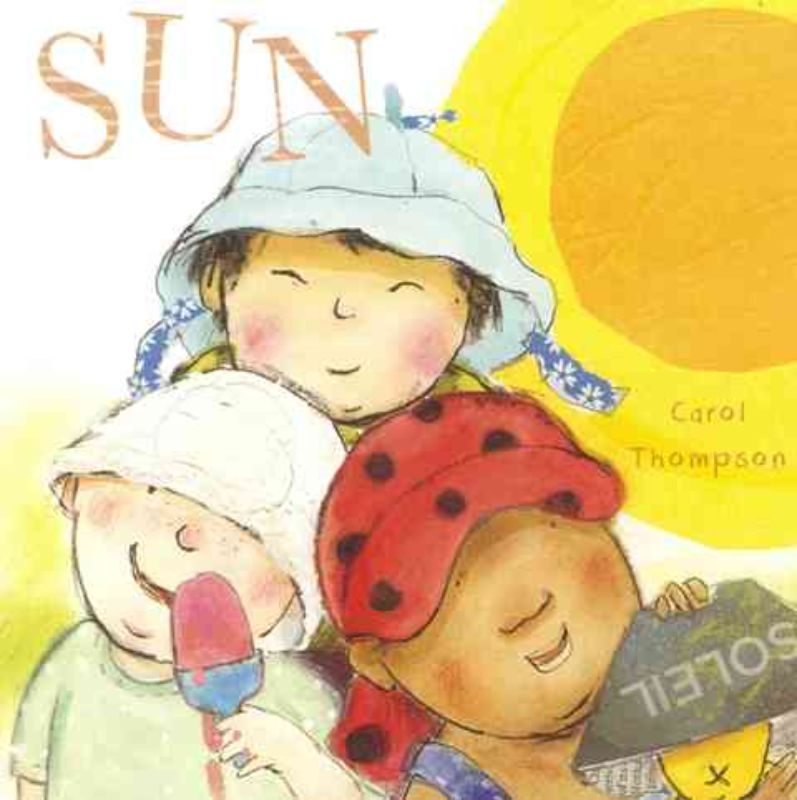 Hardback board book 'Let's Play Out in the Sun' for toddlers, featuring vibrant illustrations and sensory exploration of nature.