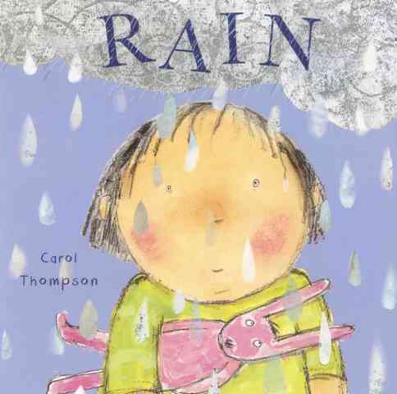 'Rain' board book by Carol Thompson features vibrant illustrations, inviting toddlers to explore nature's sensory wonders.