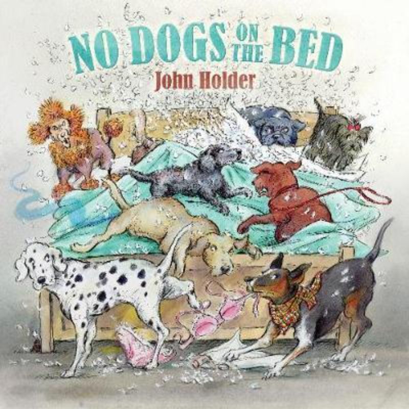 Whimsical hardback book 'No Dogs On The Bed' filled with humorous dog cartoons, perfect for dog lovers and gift giving.
