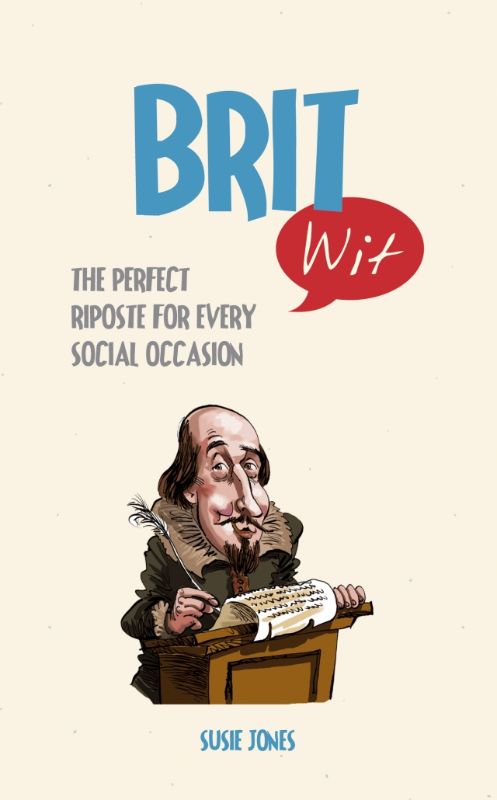 Hardback book 'Brit Wit' featuring 27.99 pages of British humor from iconic figures like Churchill and Shakespeare.