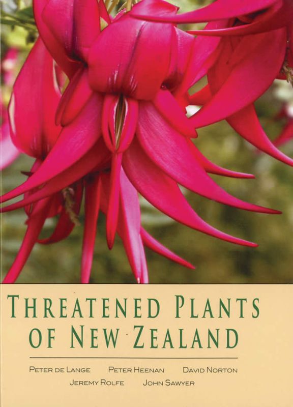 Book cover of 'Threatened Plants of New Zealand' featuring detailed botanical descriptions and vibrant photography of endangered flora.