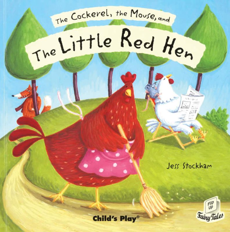 A colorful soft cover book featuring the tale of 'The Cockerel The Mouse and The Little Red Hen' with interactive lift-up flaps.
