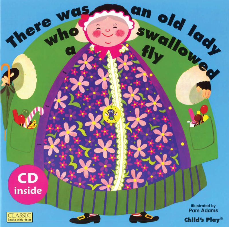 Whimsical children's book with CD, featuring colorful illustrations and a fun story about an old lady who swallows a fly.