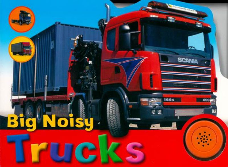 Bright hardback children's book with sound button and vibrant illustrations of trucks, ideal for ages 2-5.