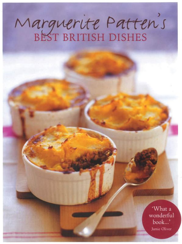 Cookbook featuring traditional British recipes like Shepherd's Pie and Sticky Toffee Pudding, authored by Marguerite Patten.