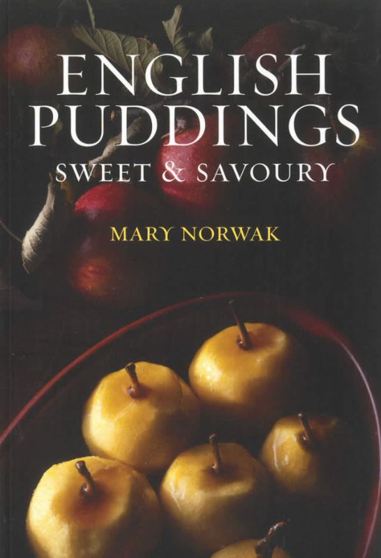 Cookbook cover featuring English puddings, showcasing sweet and savory dishes, by Mary Norwak.