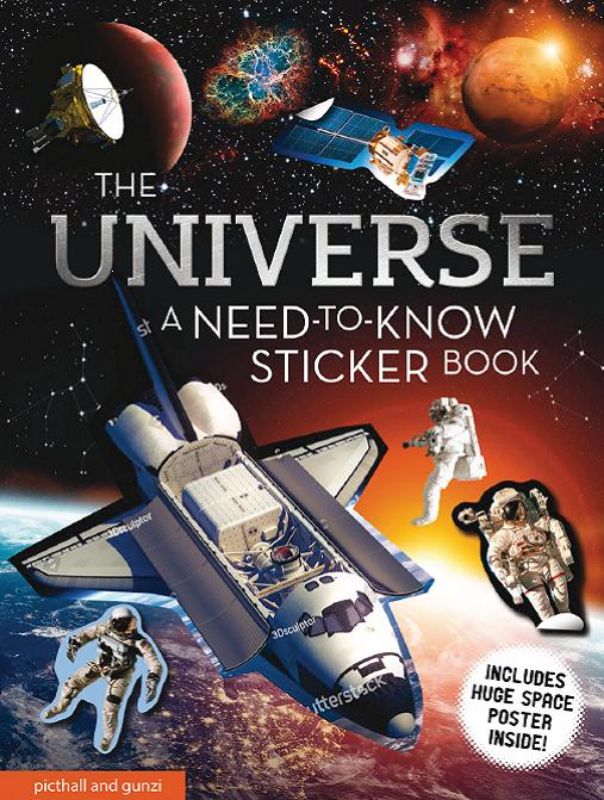Vibrant space sticker book for kids featuring educational content about the universe, including a fold-out solar system poster.