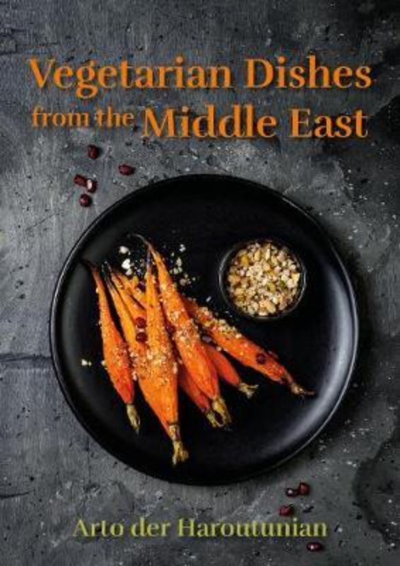 A vibrant cookbook featuring Middle Eastern vegetarian recipes with spices, stuffed vegetables, and fresh ingredients.