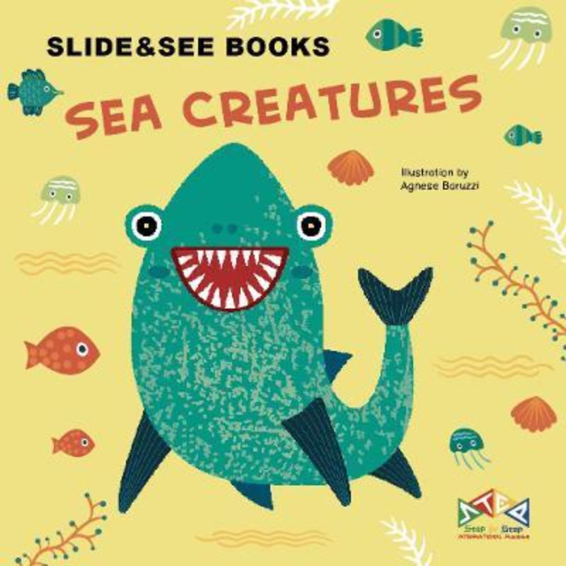 Interactive hardback book revealing colorful sea creatures with sliders, promoting fine motor skills for ages 1 to 4.