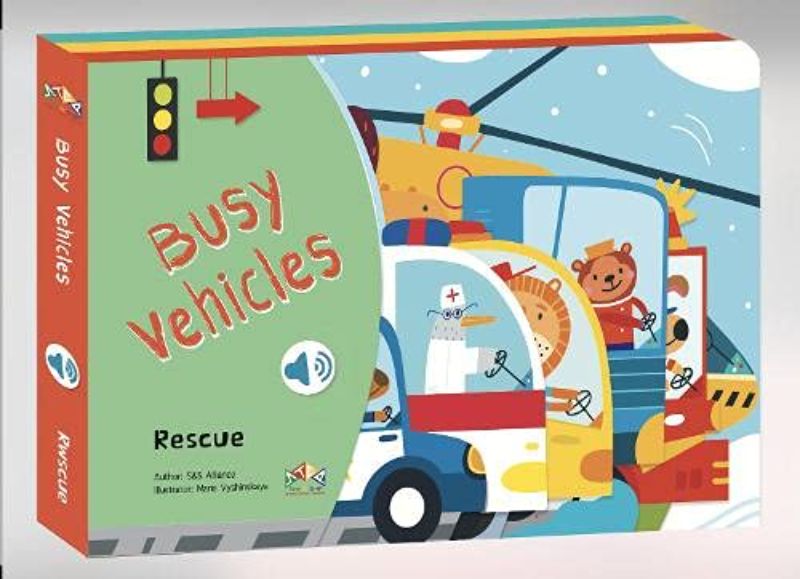 Hardback children's book with vibrant vehicle-shaped pages and sound buttons for rescue vehicle sounds.
