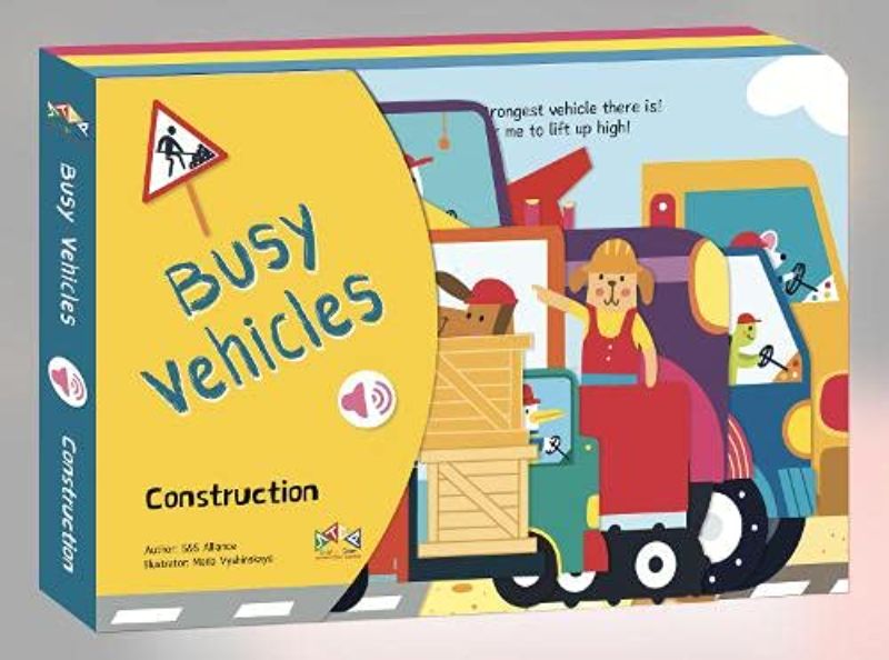 Interactive hardback book for toddlers with construction vehicle shapes and authentic sound buttons on each page.