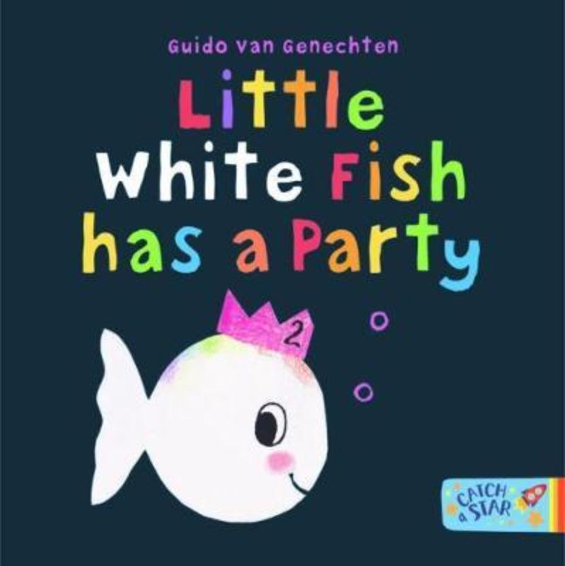 Colorful underwater illustration of Little White Fish celebrating his second birthday with various sea creatures, introducing opposites.