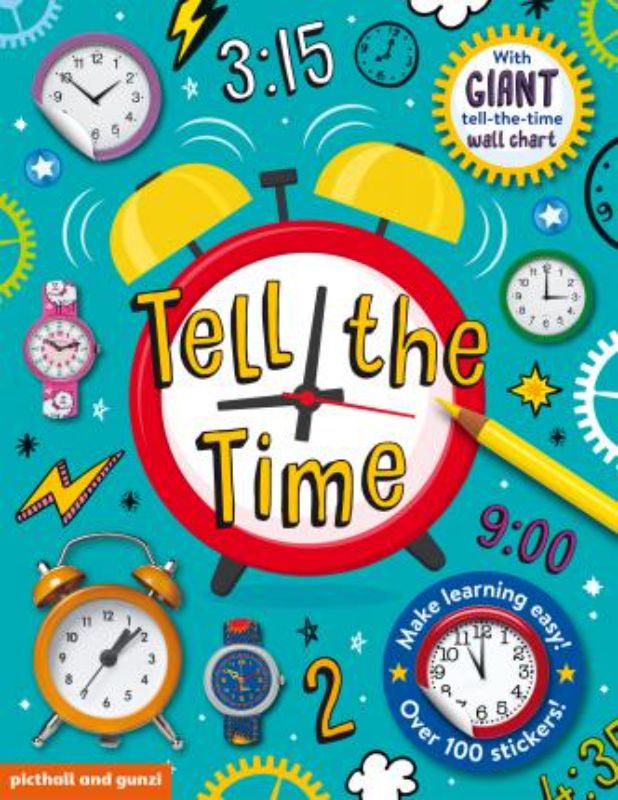 Interactive sticker book with over 100 stickers teaching kids to tell time, featuring puzzles and a giant reference poster.