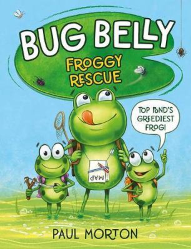 An enchanting children's book cover featuring Bug Belly and froglets in a whimsical adventure under the stars.