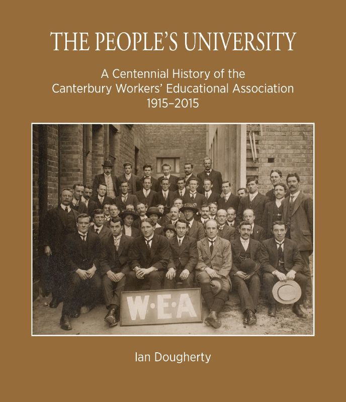 Book cover of 'The People's University' by Ian Dougherty, showcasing adult education history in New Zealand with vibrant imagery.