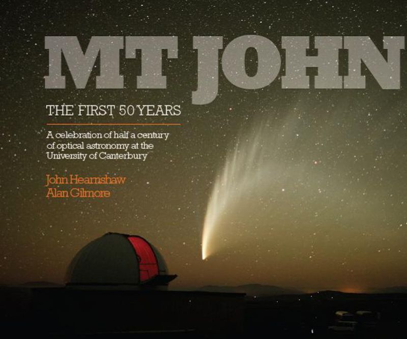 Book cover of 'Mt John: The First 50 Years', showcasing stunning astrophotography and the observatory's rich history.