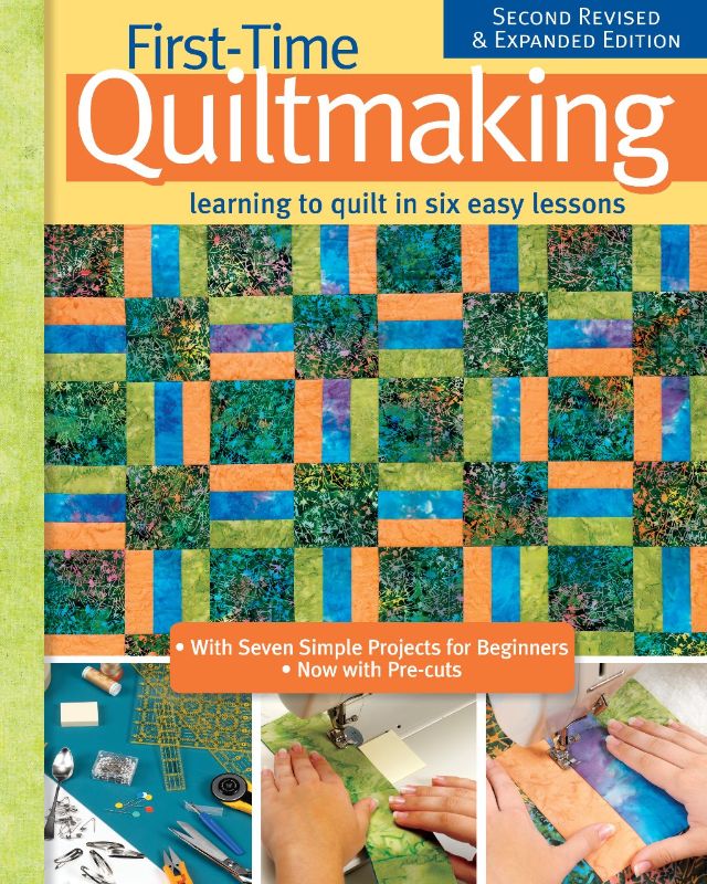 Illustrated guide for beginner quilters, featuring tools, techniques, and six lessons for successful quiltmaking.