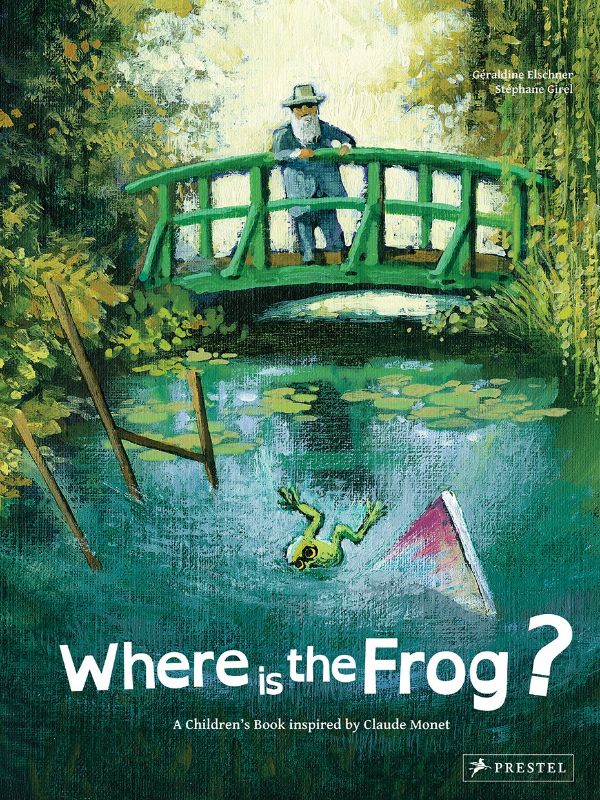 A child's hardback book featuring vibrant illustrations inspired by Monet's paintings, engaging young readers with a whimsical frog story.