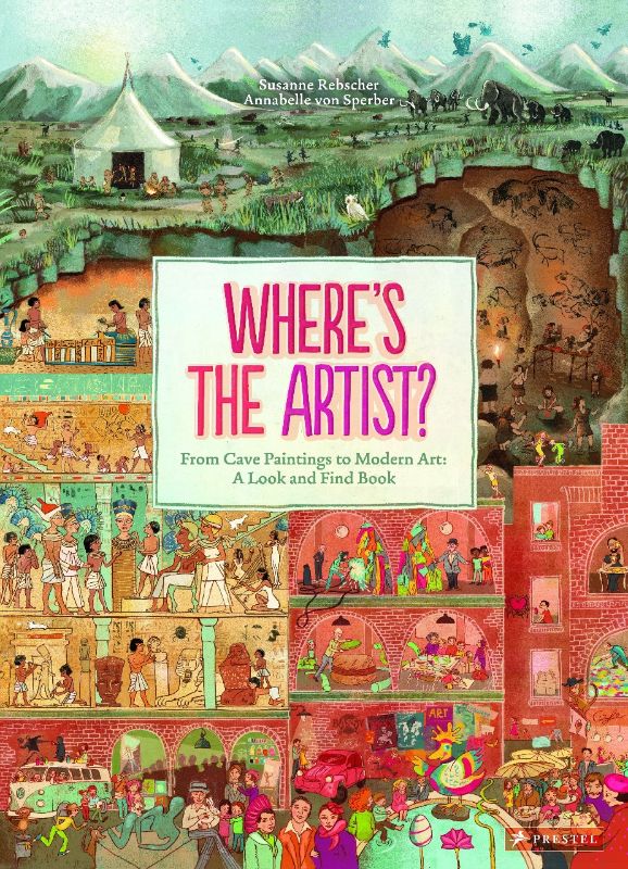 Engaging art history book for children, featuring intricate illustrations with hidden details from cave paintings to modern art.