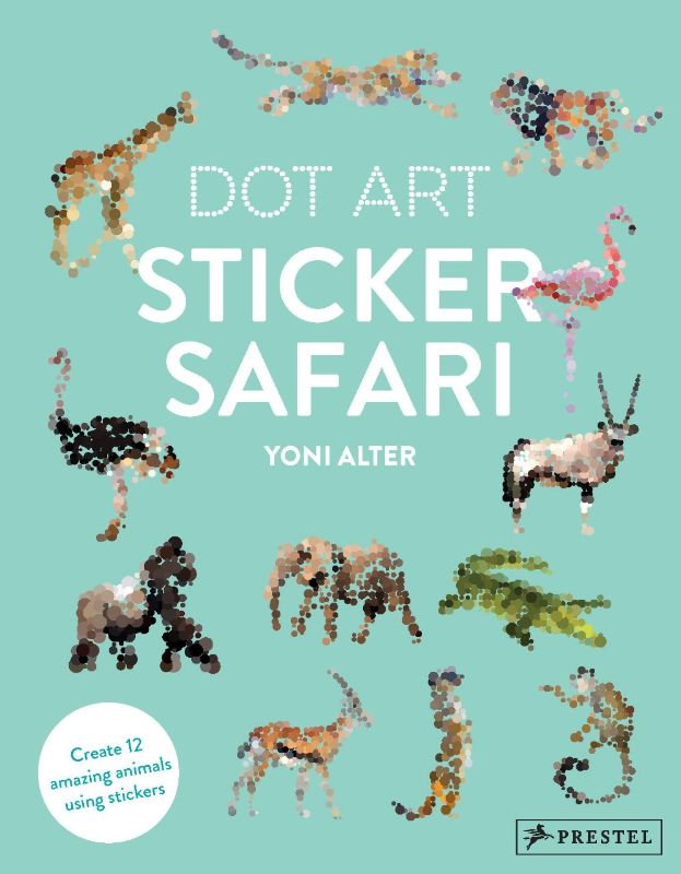 Dot Art Sticker Safari book with templates of exotic animals and colorful sticky dots for creative fun and artistic expression.
