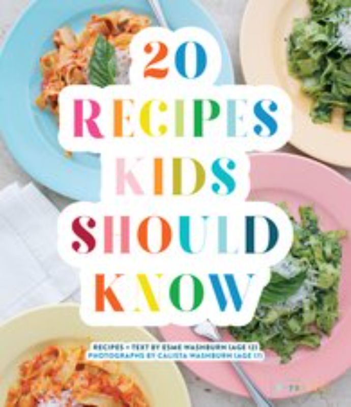 Colorful kids' cookbook cover featuring '20 Recipes Kids Should Know' with fun illustrations and step-by-step cooking guidance.