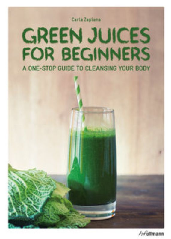 A guidebook cover featuring vibrant green juices and ingredients, promoting health and wellness benefits for beginners.