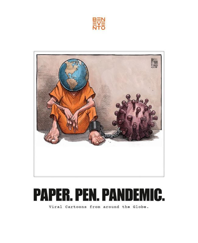 Illustrated hardback book 'Paper Pen Pandemic' showcasing global cartoonists' humorous reflections on COVID-19's impact.
