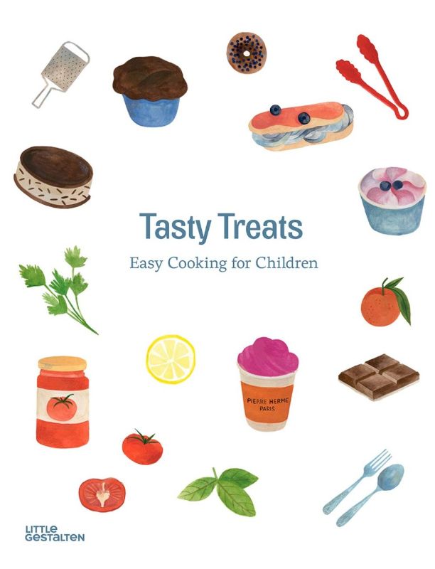 Hardback cookbook 'Tasty Treats' features 56 fun recipes for kids, including pancakes, ice cream, sandwiches, and more.