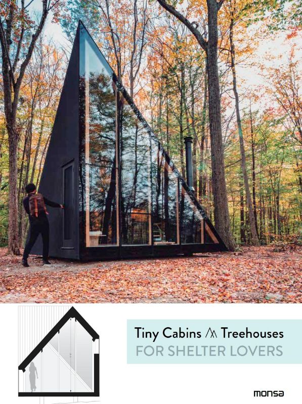 Hardback book 'Tiny Cabins & Treehouses' showcasing eco-friendly designs for compact homes and sustainable living.
