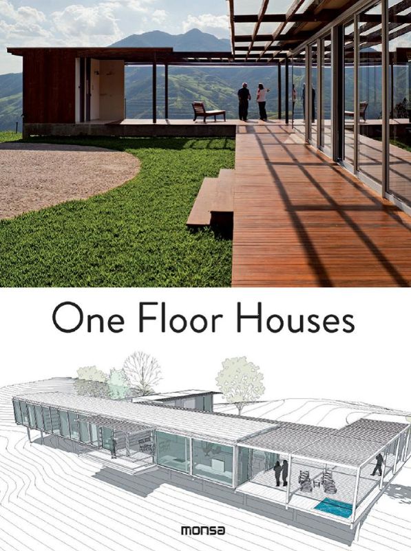 Hardback book showcasing innovative one floor houses, emphasizing spacious layouts and seamless accessibility throughout.
