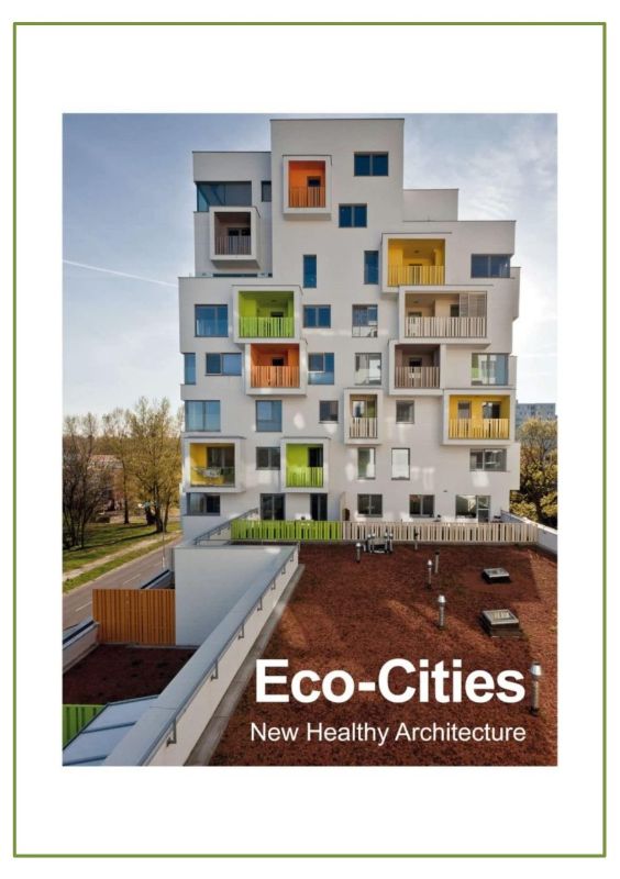 Hardback book 'Eco-Cities' showcasing sustainable architecture and community-focused designs, 144 pages of innovative urban living.