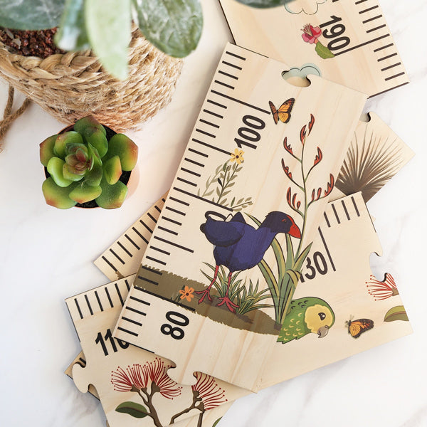 Floral NZ Birds height chart, 195cm tall, made of sustainable pine veneer, perfect for tracking children's growth decoratively.