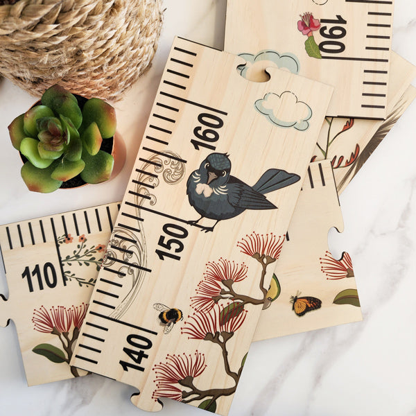 Floral NZ Birds Height Chart, a 195cm growth tracker featuring native birds, crafted from premium pine veneer.