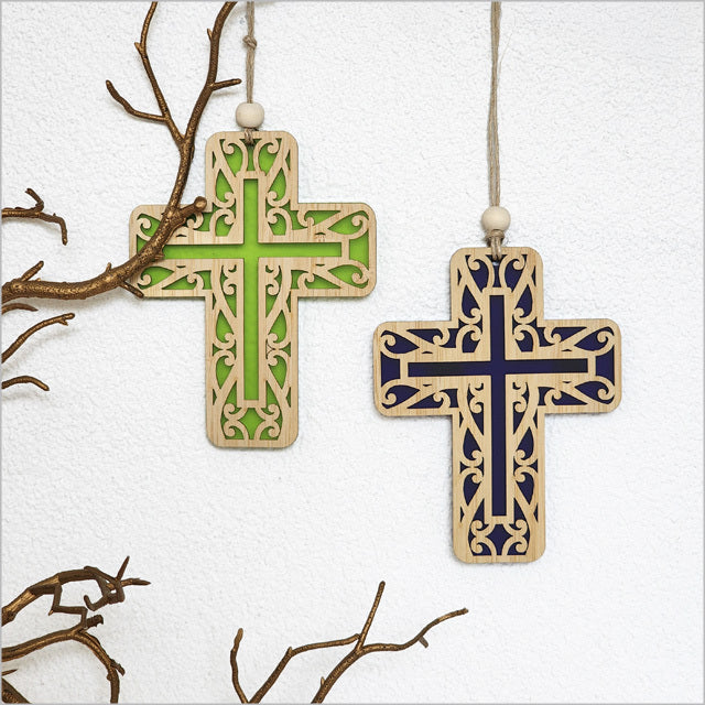 Hanging Ornament - Cross 11 Kowhaiwhai 2 (Lime Green Satin Acrylic)